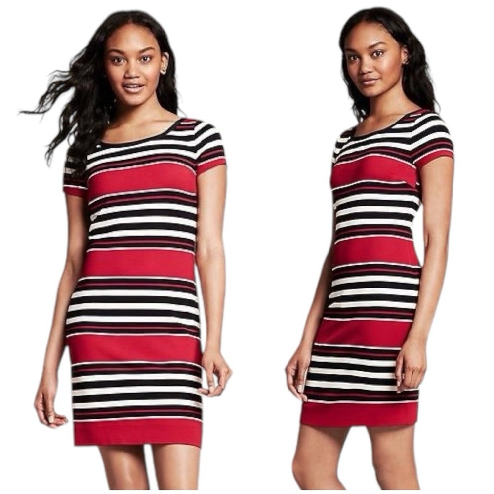 Banana Republic Red Black White Striped Short Sleeve‎ Sheath Dress Size 2 - Picture 12 of 12